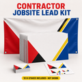 Contractor Jobsite Lead Kit in Revival Brand Co. red, blue, yellow and black, with ten flat jobsite sign panels, vinyl banner, business cards and design proof; 10 H-stakes included but intentionally not shown