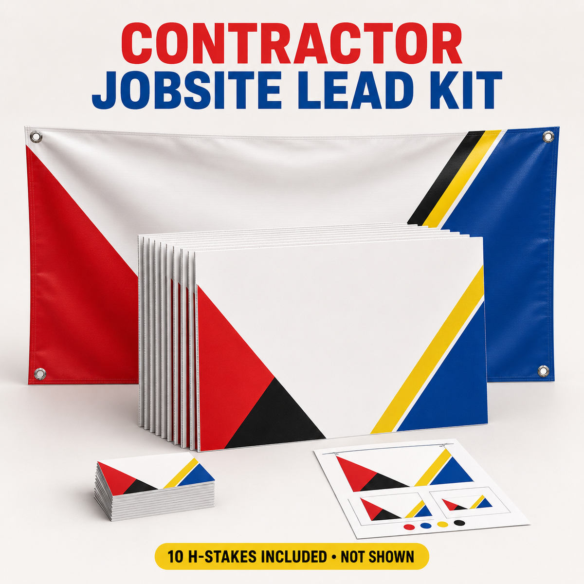 Contractor Jobsite Lead Kit in Revival Brand Co. red, blue, yellow and black, with ten flat jobsite sign panels, vinyl banner, business cards and design proof; 10 H-stakes included but intentionally not shown