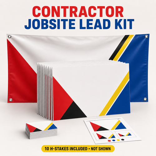Contractor Jobsite Lead Kit in Revival Brand Co. red, blue, yellow and black, with ten flat jobsite sign panels, vinyl banner, business cards and design proof; 10 H-stakes included but intentionally not shown
