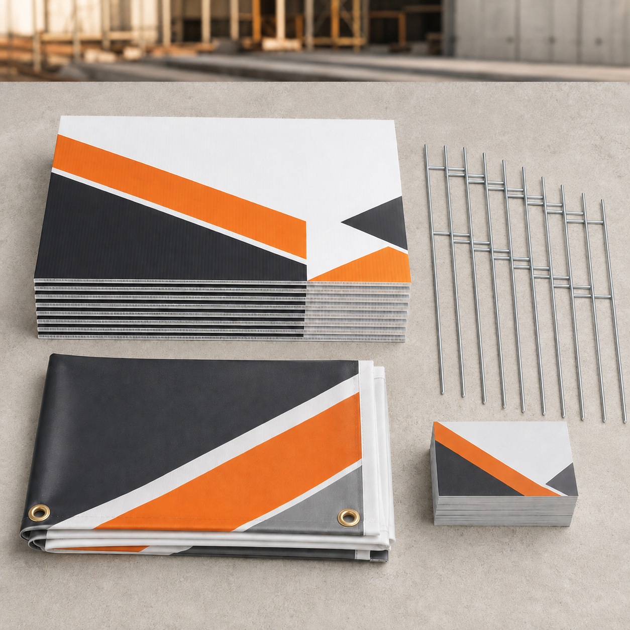 Contractor Jobsite Lead Kit with ten job-site signs, H-stakes, vinyl banner, and business cards