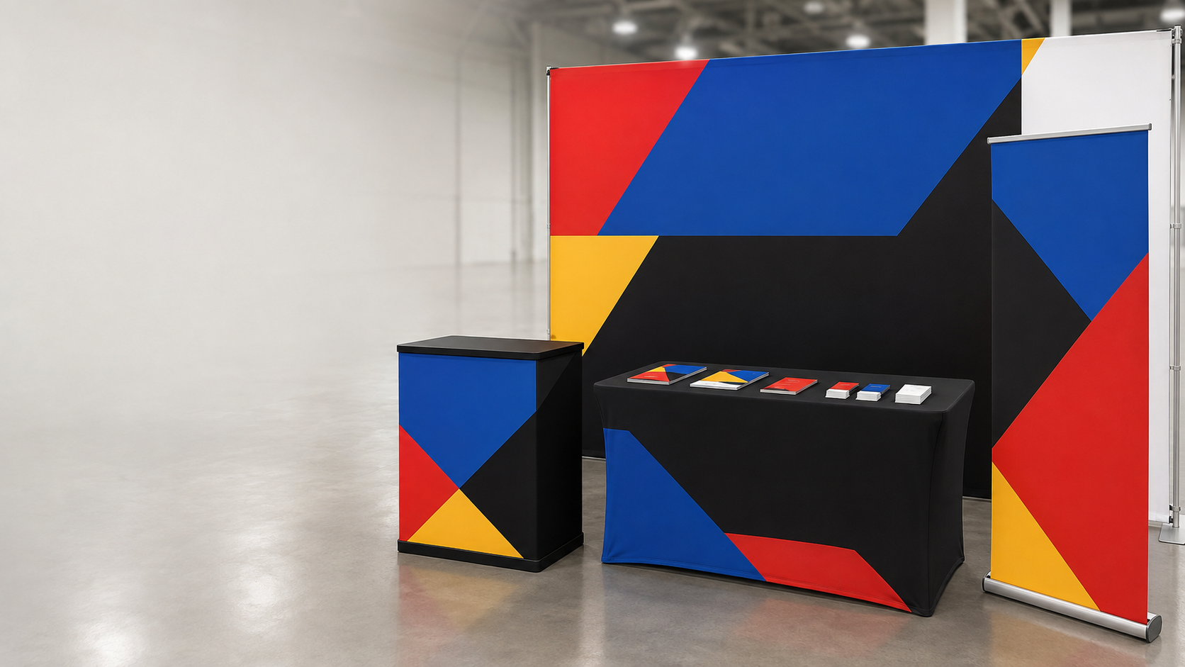Coordinated red, blue, yellow, and black 10x10 trade show booth with backwall, counter, table throw, banner stand, flyers, and business cards